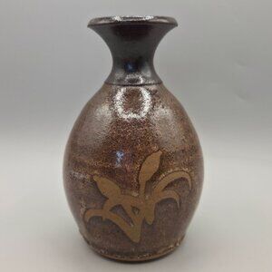 Handcrafted Wheel Thrown Stoneware Bud Vase Floral Design Artist Signed 6 Inch